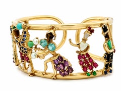 14K Yellow Gold Multi Stone Whimsical Dancing Figures Wide Cuff Bangle Bracelet