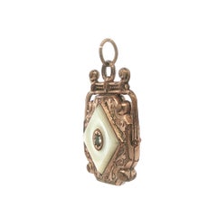 Antique Collectible Copper MOP Rhinestone & Agate Ornate Watch Fob Pendant