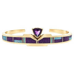 Ray Tracey Navajo 14k Gold Amethyst Inlaid Purple Sugilite & Opal Cuff Bracelet