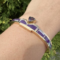 Ray Tracey Navajo 14k Gold Amethyst Inlaid Purple Sugilite & Opal Cuff Bracelet