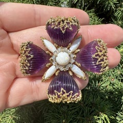Vintage Large Solid Gold Fluted Amethyst Opal Diamond Cross Clover Pin Brooch