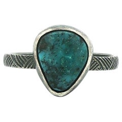 Sterling Silver Pear Bezel Matrix Turquoise Solitaire Textured Band Ring