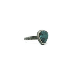 Sterling Silver Pear Bezel Matrix Turquoise Solitaire Textured Band Ring