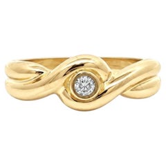 18k Yellow Gold Round Bezel Diamond Solitaire Braided Dainty Band Ring