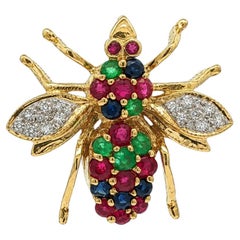 Vintage 18k Gold Ruby Emerald Sapphire & Diamond Colorful Bee Fly Brooch Pin