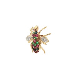 Vintage 18k Gold Ruby Emerald Sapphire & Diamond Colorful Bee Fly Brooch Pin