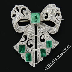 Antique Platinum & Gold GIA Colombian Emerald Diamond Ribbon Bow Pin Brooch