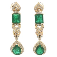 Vintage Gold 8.6ctw Emerald Diamond Long Teardrop Dangle Drop X Earrings