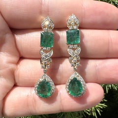 Vintage Gold 8.6ctw Emerald Diamond Long Teardrop Dangle Drop X Earrings