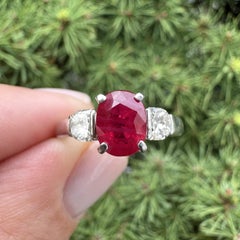 Vintage Platinum 2.31ctw GIA Oval Burma Ruby Half Moon Diamond Sides Ring