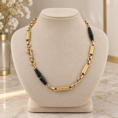 Vintage 1940's Solid Gold Faceted Black Stone Station Geometric Link Watch Chain