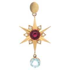 Antique 18k Gold White Red & Blue Stones Starburst North Star Sputnik Pendant