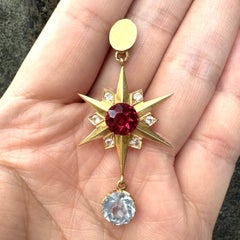 Antique 18k Gold White Red & Blue Stones Starburst North Star Sputnik Pendant