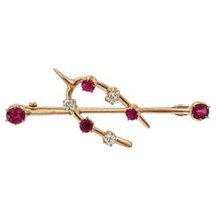 Antique Victorian Rosy Yellow Gold Ruby & Diamond Horseshoe Lucky Bar Pin Brooch