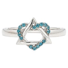 18k White Gold Bright Blue Stones Heart & Star of David Intertwined Ring