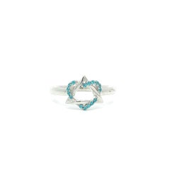 18k White Gold Bright Blue Stones Heart & Star of David Intertwined Ring