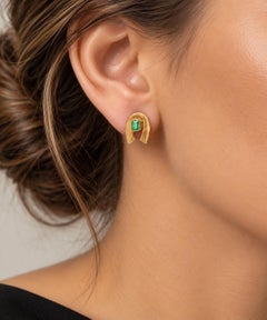 Vintage Handmade Yellow Gold Bezel Emerald Lucky Horseshoe Stud Drop Earrings