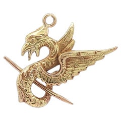 Antique Art Nouveau 14k Yellow Gold Griffin Dragon & Sword Charm Pendant