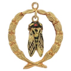 Solid Yellow Gold Crossed Laurel Wreath Enamel Cicada Bug Insect Pendant Charm