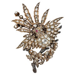 Georgian Victorian Gold & Silver Rose Cut Diamond Covered Bird on Branch Brooch
