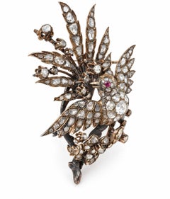Georgian Victorian Gold & Silver Rose Cut Diamond Covered Bird on Branch Brooch