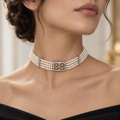 18k White Gold Pearl 4 Strand 14" Choker Necklace Diamond Hook Clasp Spacers