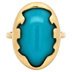 14k Yellow Gold Cabochon Rich Turquoise Solitaire Brushed Freeform Prong Ring