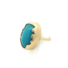 14k Yellow Gold Cabochon Rich Turquoise Solitaire Brushed Freeform Prong Ring