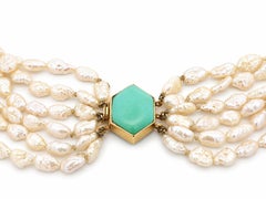 16" Freshwater Baroque Pearls 6 Strand Necklace w/ 18k Gold Turquoise Clasp