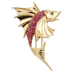 Vintage 14k Gold 5.25ctw GIA Burma No Heat Ruby Emerald Eye Jumping Fish Brooch