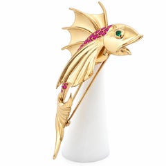 Vintage 14k Gold 5.25ctw GIA Burma No Heat Ruby Emerald Eye Jumping Fish Brooch