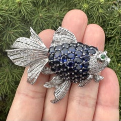 Vintage White Gold GIA Royal Blue Sapphire Diamond Articulated Fish Pin Brooch
