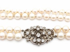 Antique 16" GIA Akoya Pearl Dual Strand Necklace Gold 2.74ctw Old Diamond Clasp