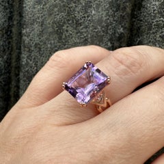 Silver Rose Gold Plated Emerald Cut Amethyst w/ White Topaz Sides Open Ring