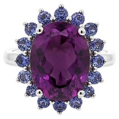 Silver Large Oval Amethyst w/ Iolite Halo Cluster Flower Cocktail Ring