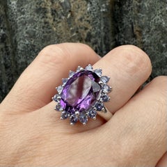 Silver Large Oval Amethyst w/ Iolite Halo Cluster Flower Cocktail Ring