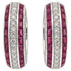 Solid White Gold Baguette Ruby and Pave Diamond 3.90ctw Large Hoop Earrings