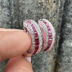 Solid White Gold Baguette Ruby and Pave Diamond 3.90ctw Large Hoop Earrings