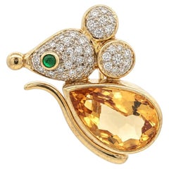 Mouse Super Cute 18k Yellow Gold Citrine Body Diamond Head Pin Brooch