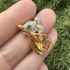Mouse Super Cute 18k Yellow Gold Citrine Body Diamond Head Pin Brooch