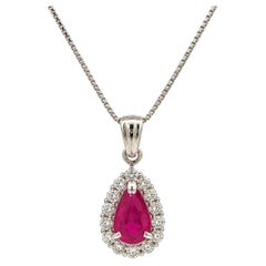 18k White Gold 1.61ctw GIA Pear Burma Ruby w/ Diamond Halo Pendant Necklace
