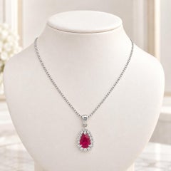 18k White Gold 1.61ctw GIA Pear Burma Ruby w/ Diamond Halo Pendant Necklace
