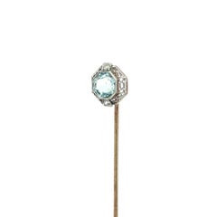 Antique Edwardian Gold Platinum Octagonal Aquamarine Diamond Filigree Stick Pin