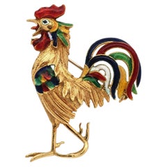 Vintage 18k Yellow Gold Colorful Enamel Work Detailed Rooster Pin Brooch