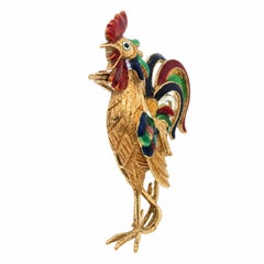 Vintage 18k Yellow Gold Colorful Enamel Work Detailed Rooster Pin Brooch