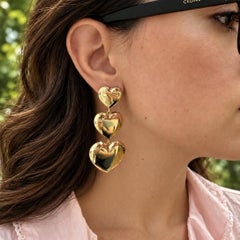 Large Italian 14k Yellow Gold Polished Heart Long Graduated Drop Dangle Earrings