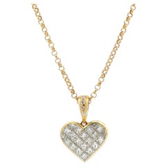 18k Gold 1.98ctw Invisible Set Diamond Heart Pendant Rolo Link Chain Necklace
