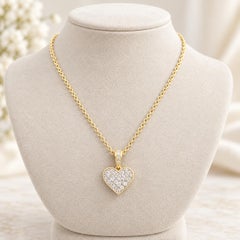 18k Gold 1.98ctw Invisible Set Diamond Heart Pendant Rolo Link Chain Necklace