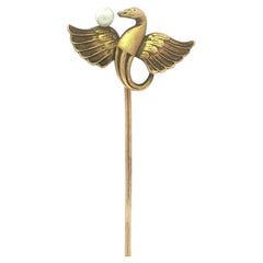 Antique Art Nouveau 14k Yellow Gold Seed Pearl Griffin Dragon Bird Stick Pin