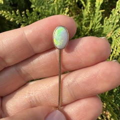 Solid Yellow Gold Oval Cabochon Cut Bezel Set Fiery Colorful Opal Stick Pin